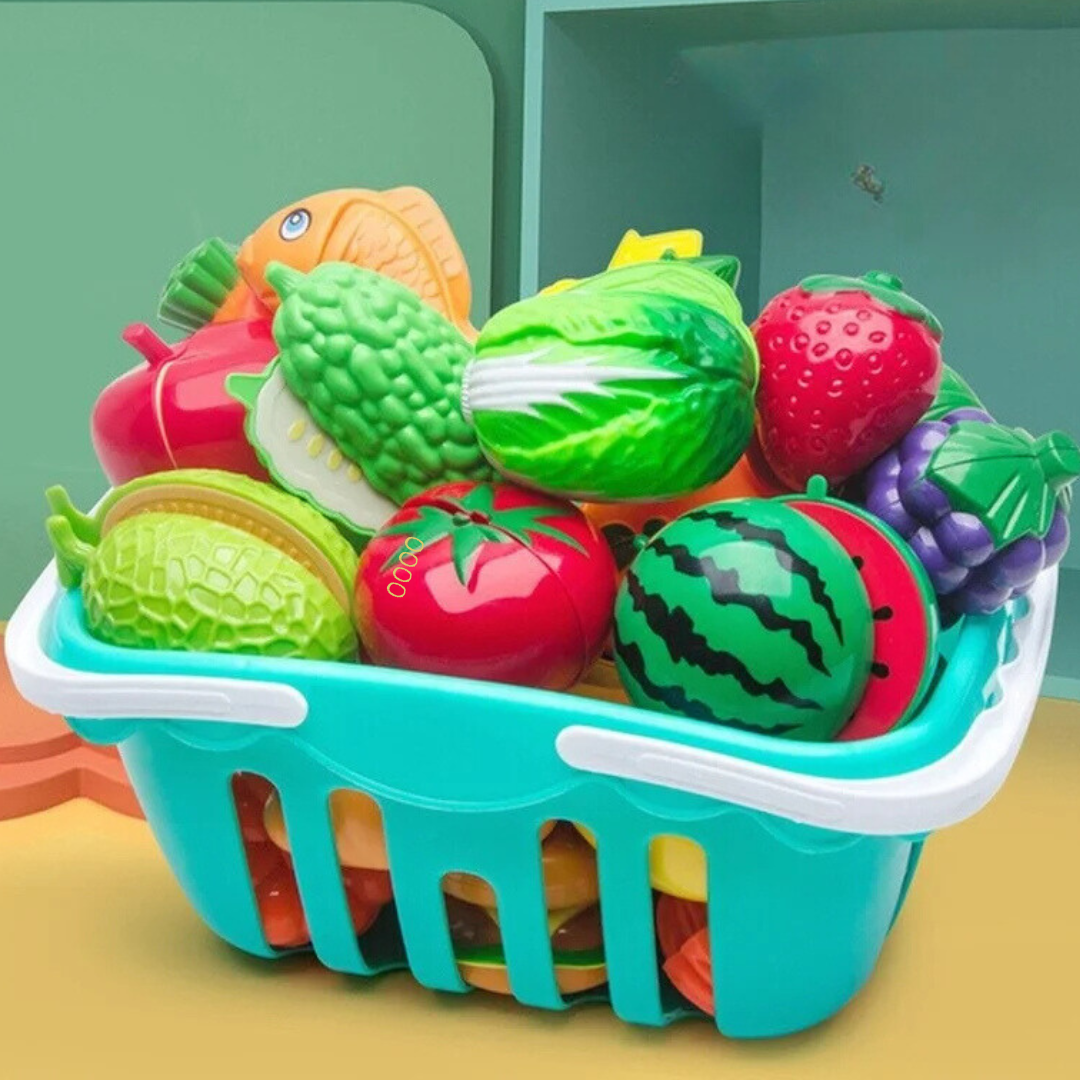 FruityQuest™ | Cuttable Fruits and Vegetables Play Set | Interactive Kitchen Toy for Kids | Educational Role Play & Fine Motor Skills Development
