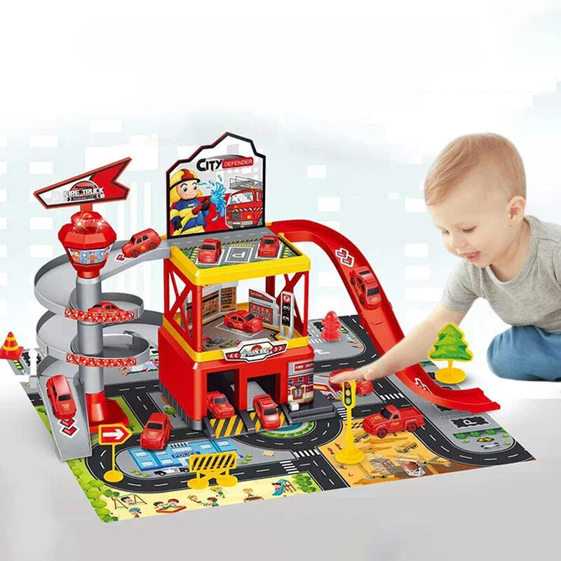 Multi-Storey Toy Garage with Lift โ Interactive Parking Set with Cars and Racing Tracks for Kids, Perfect for Imaginative Play