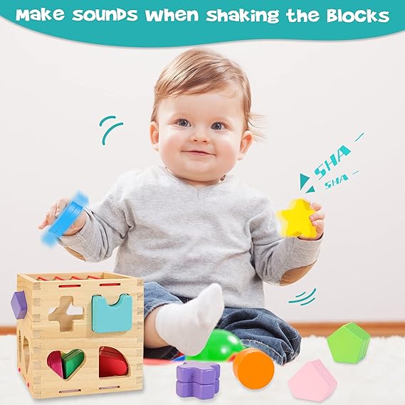 Montessori Wooden Shape and Color Activity Cube | Colorful Building Blocks for Early Childhood Development and Motor Skills