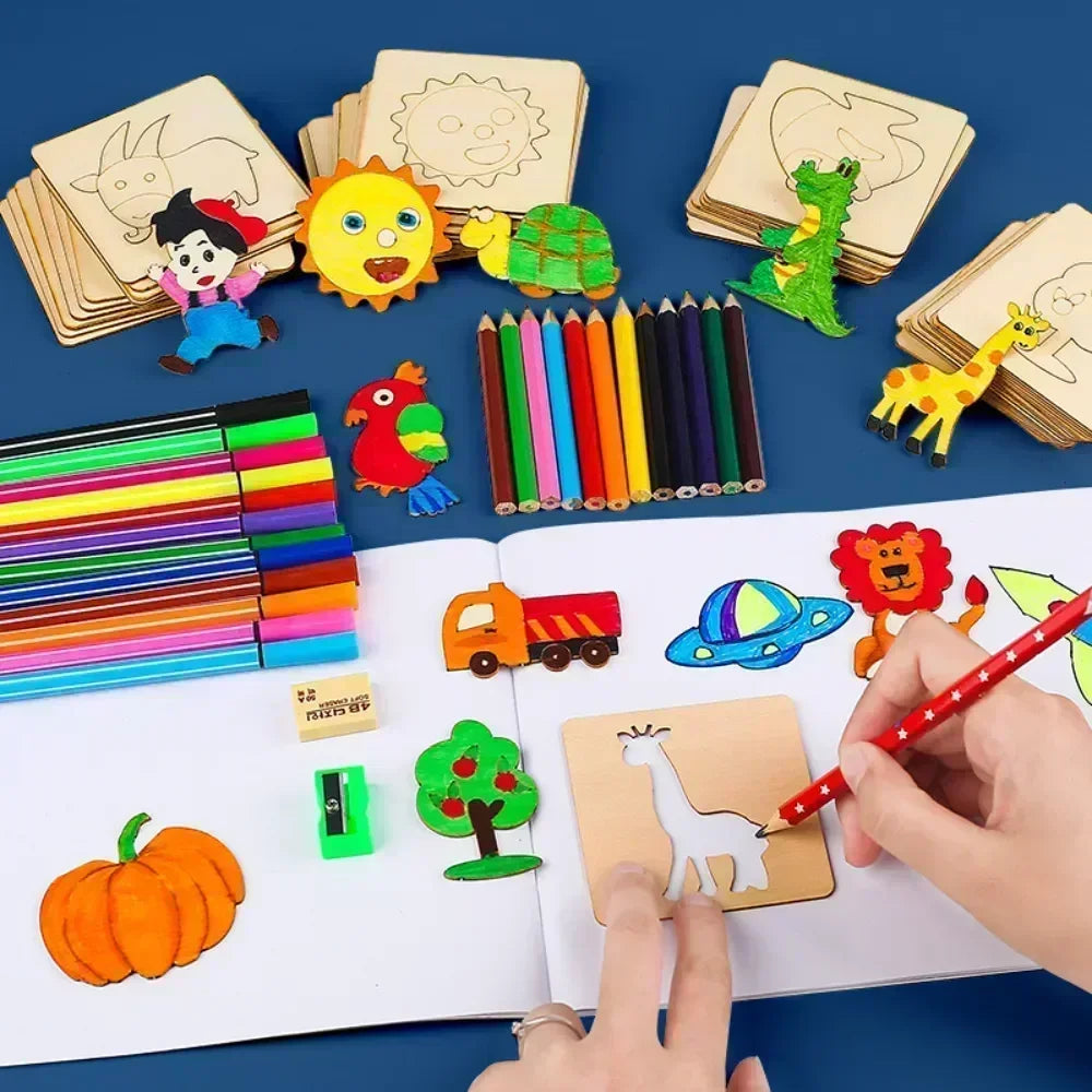 20pcs Kids Wooden Drawing Toys - Montessori DIY Painting Stencils & Puzzle Craft Toys for Educational Play & Gifts for Children
