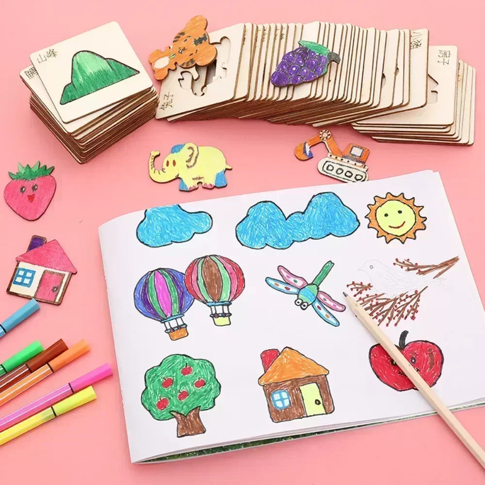 20pcs Kids Wooden Drawing Toys - Montessori DIY Painting Stencils & Puzzle Craft Toys for Educational Play & Gifts for Children