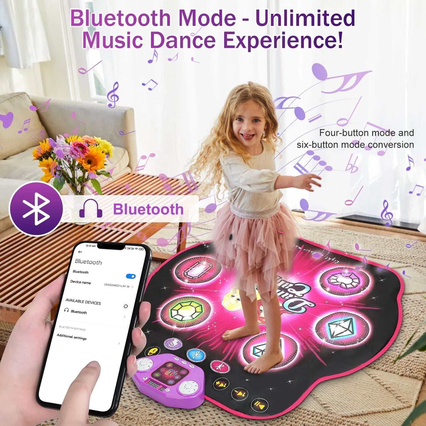 LED Dance Mat for Kids - 27 Levels, 6 Light-Up Keys, Bluetooth Music Game Toy for Ages 3-8, Interactive Dancing Fun