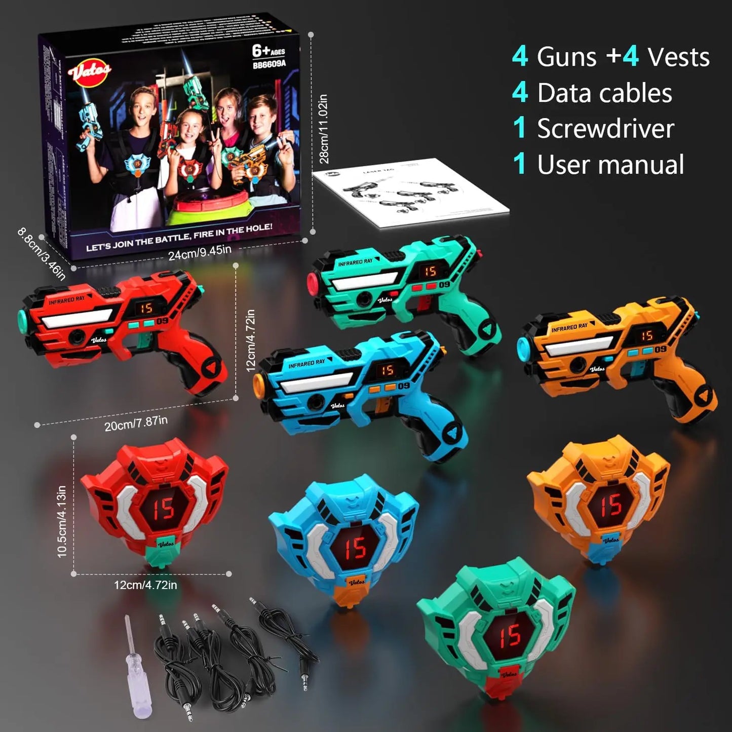 Laser Tag Guns Set with Vests - 4x Infrared Shooting Game for Indoor & Outdoor Fun for Kids and Teens Age 6+