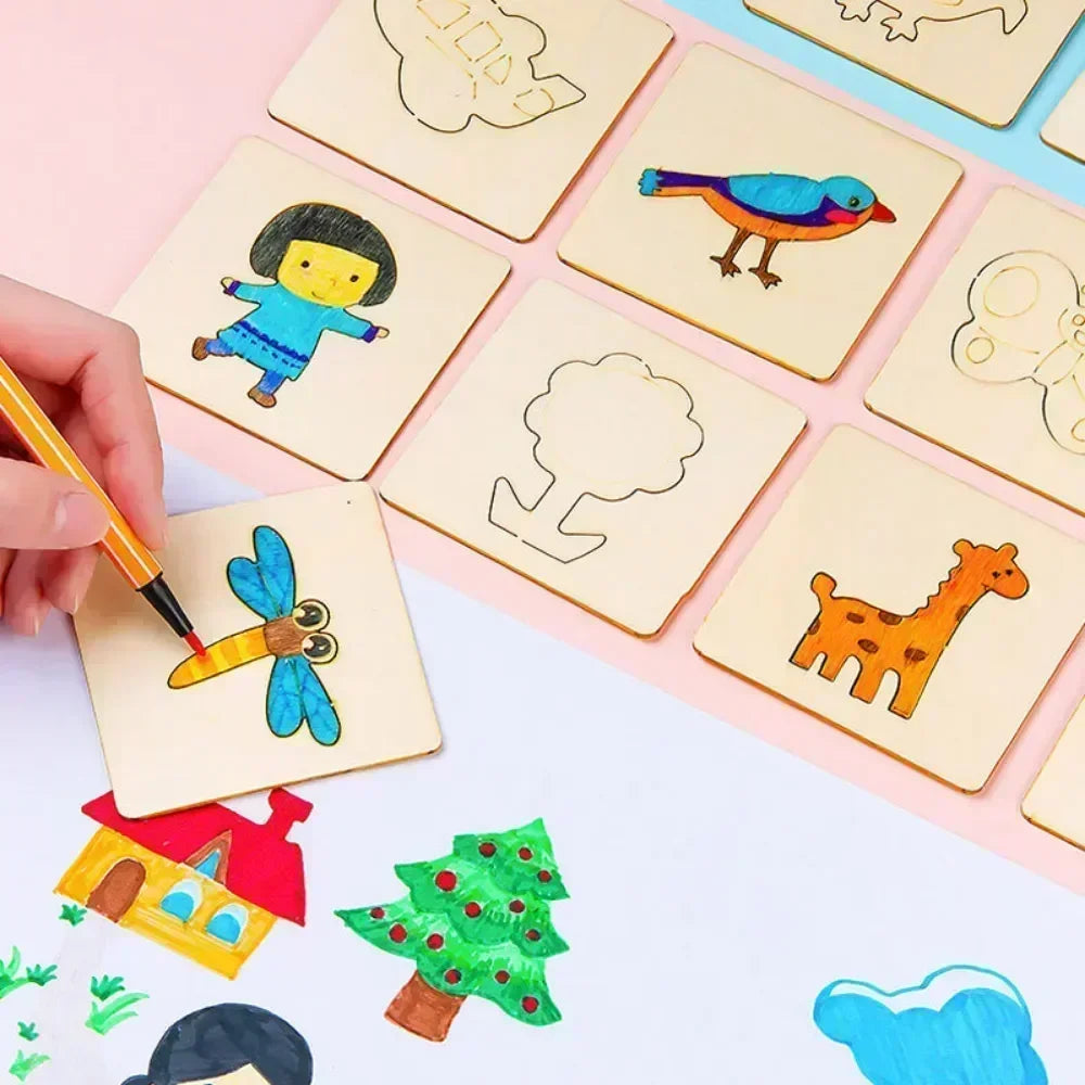 20pcs Kids Wooden Drawing Toys - Montessori DIY Painting Stencils & Puzzle Craft Toys for Educational Play & Gifts for Children