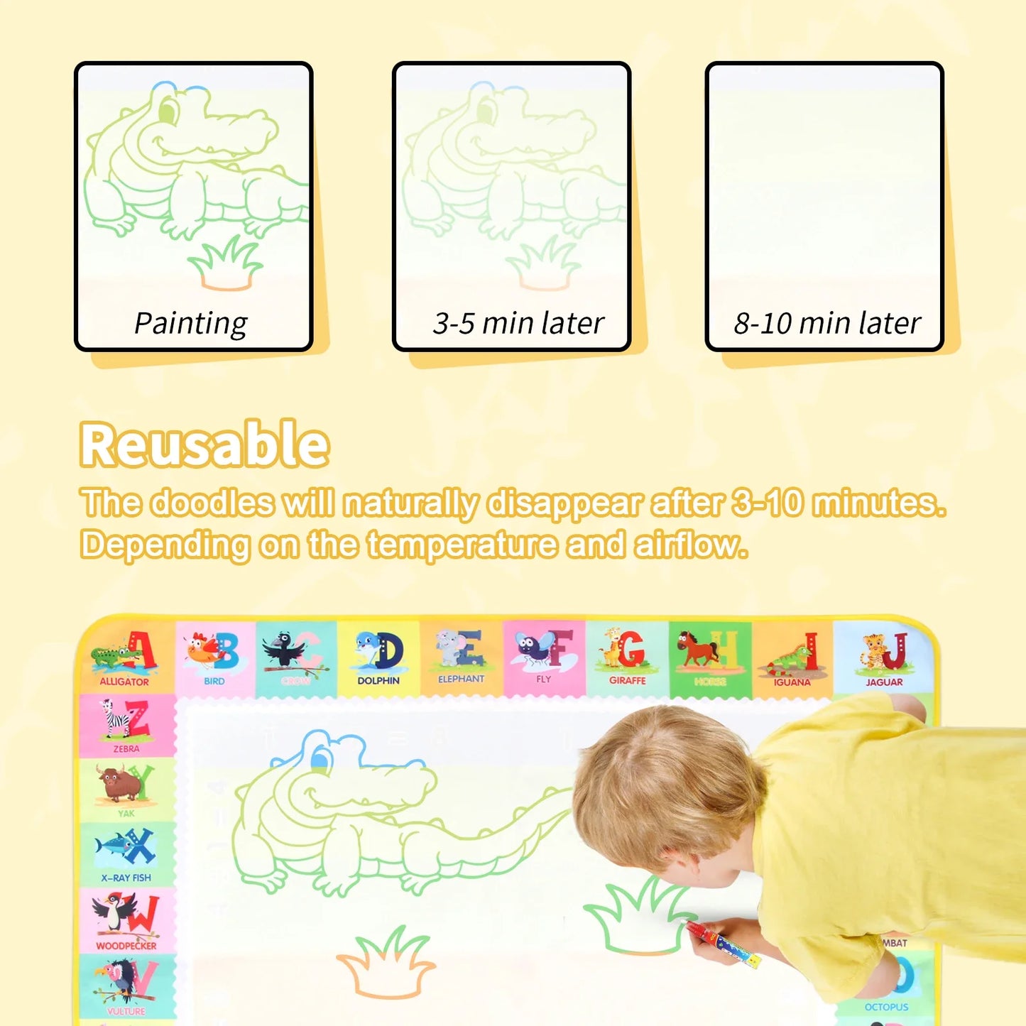 Magic Water Drawing Mat 100x80CM with Reusable Pens - Montessori Educational Coloring Doodle Board for Kids' Creative Play