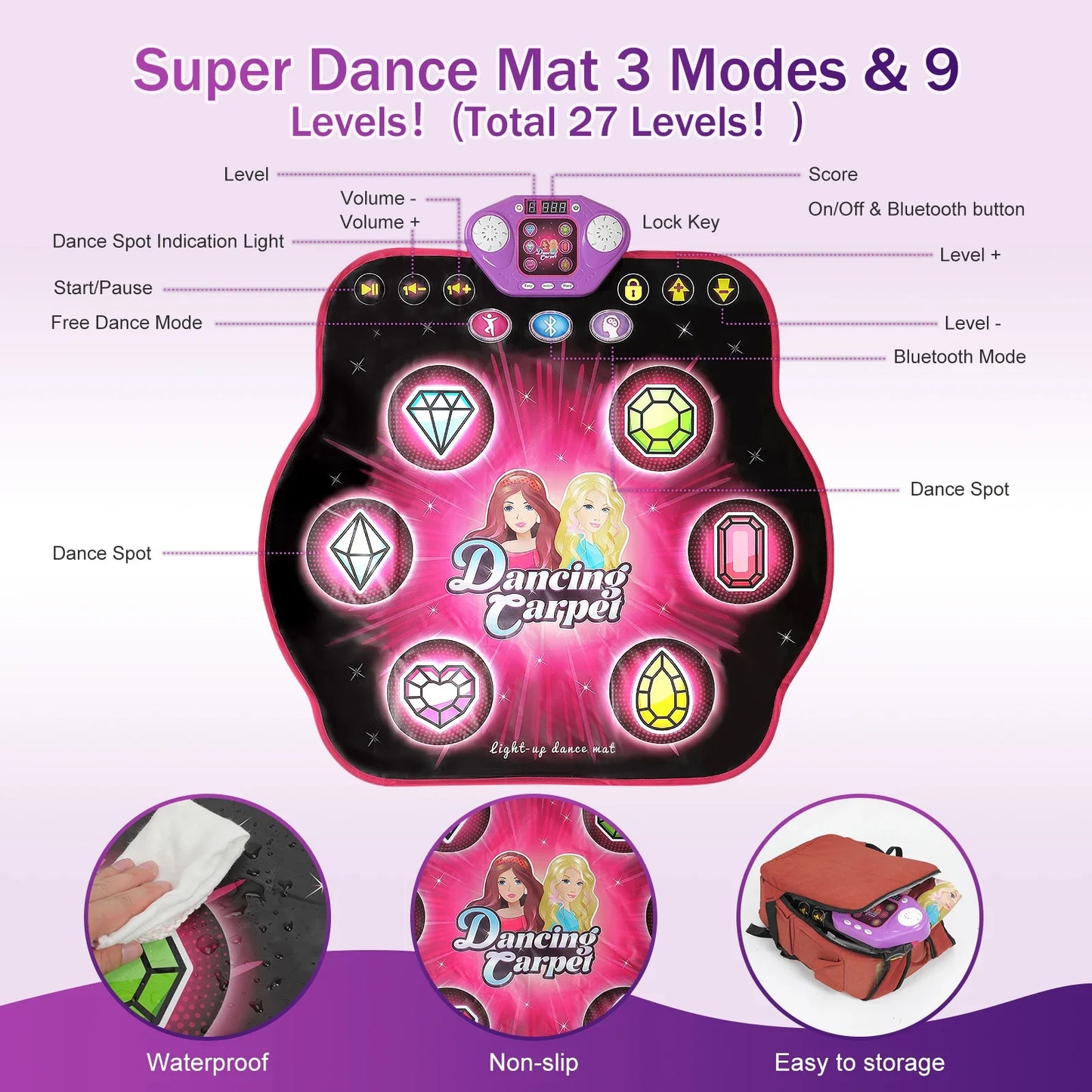 LED Dance Mat for Kids - 27 Levels, 6 Light-Up Keys, Bluetooth Music Game Toy for Ages 3-8, Interactive Dancing Fun