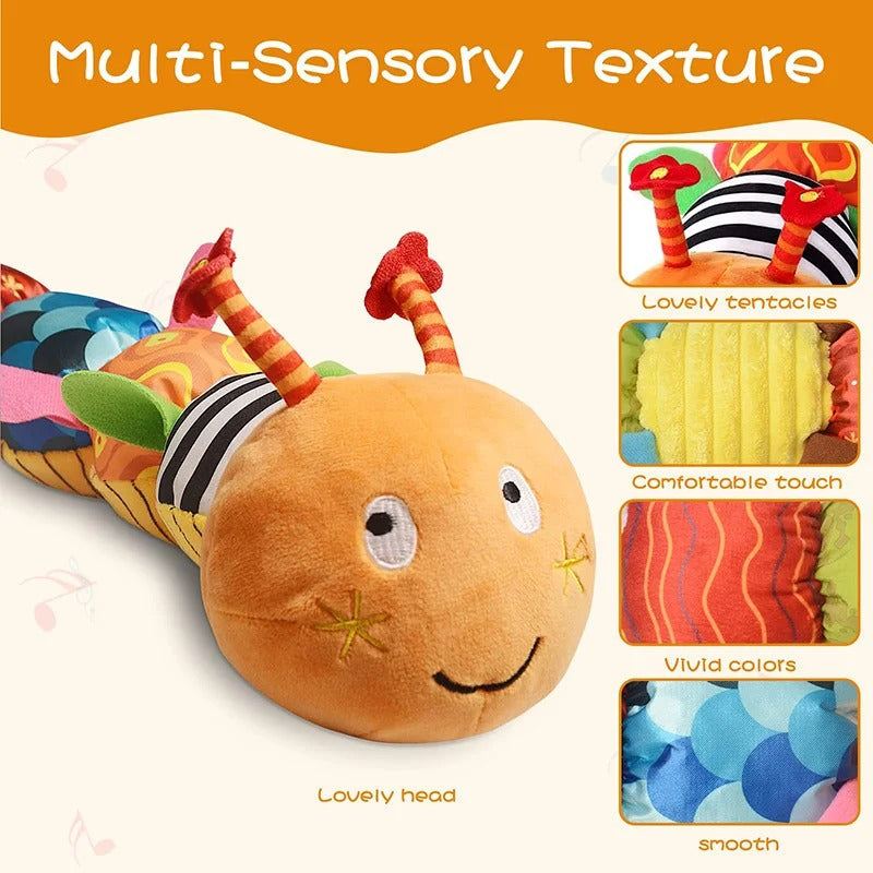 Sensory Plush Caterpillar Toy | Soft, Colorful Rattle & Music for Baby's Sensory Development and Playtime