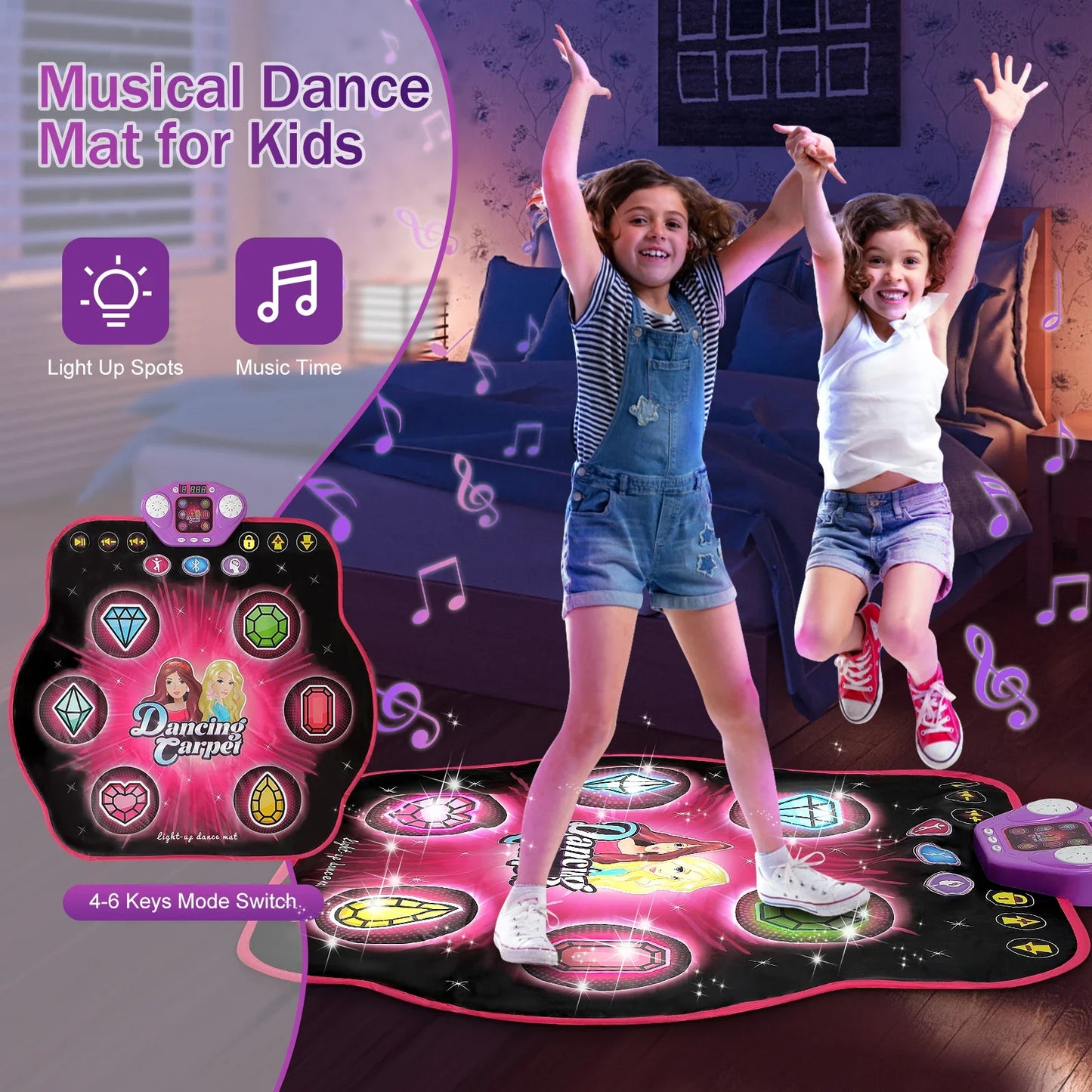 LED Dance Mat for Kids - 27 Levels, 6 Light-Up Keys, Bluetooth Music Game Toy for Ages 3-8, Interactive Dancing Fun