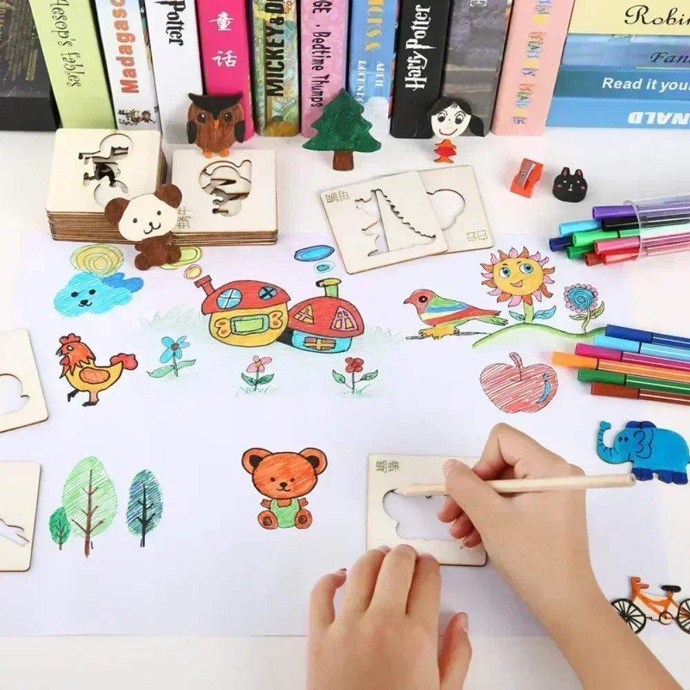 20pcs Kids Wooden Drawing Toys - Montessori DIY Painting Stencils & Puzzle Craft Toys for Educational Play & Gifts for Children