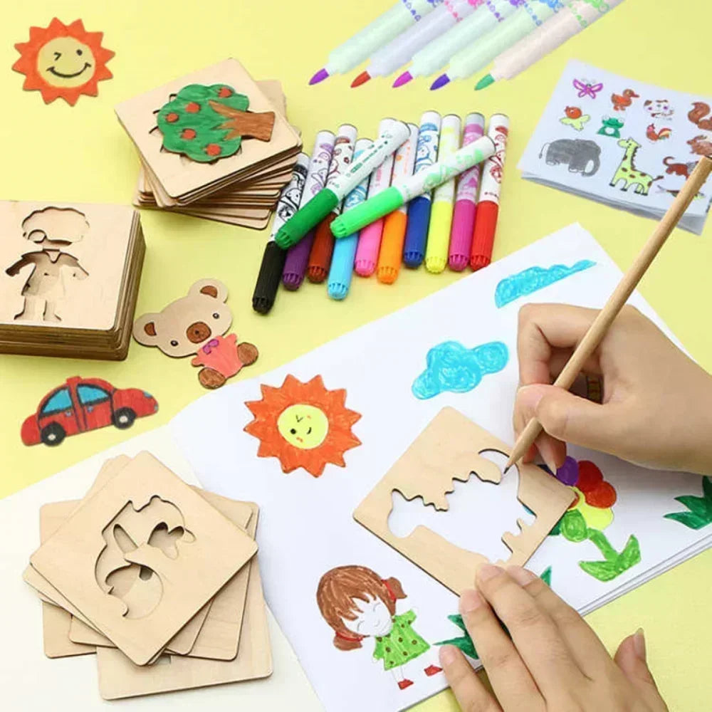 20pcs Kids Wooden Drawing Toys - Montessori DIY Painting Stencils & Puzzle Craft Toys for Educational Play & Gifts for Children