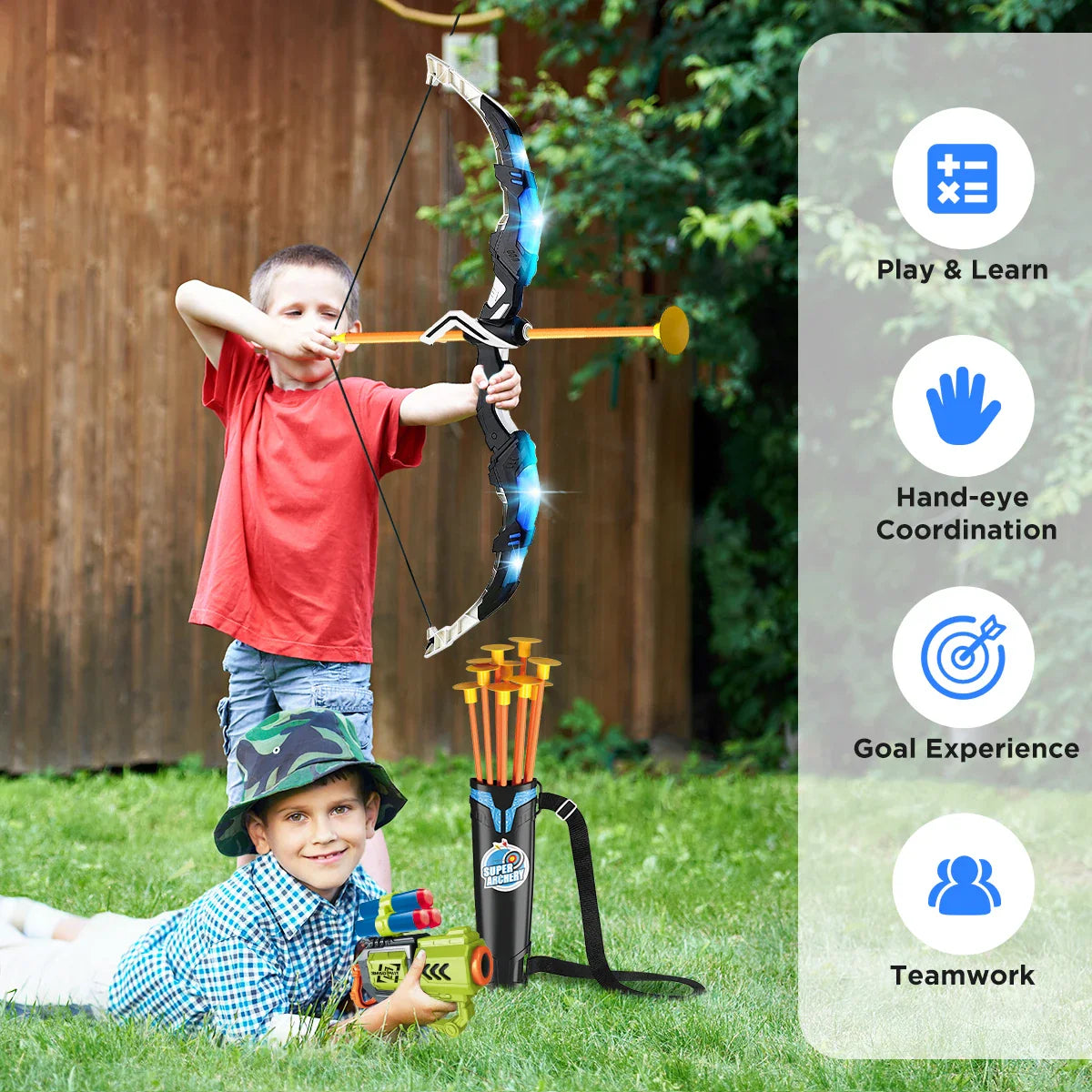 LED Light Up Bow and Arrow Set for Kids with Suction Cup Stand and Dart Board Target - Indoor & Outdoor Archery Game Toys