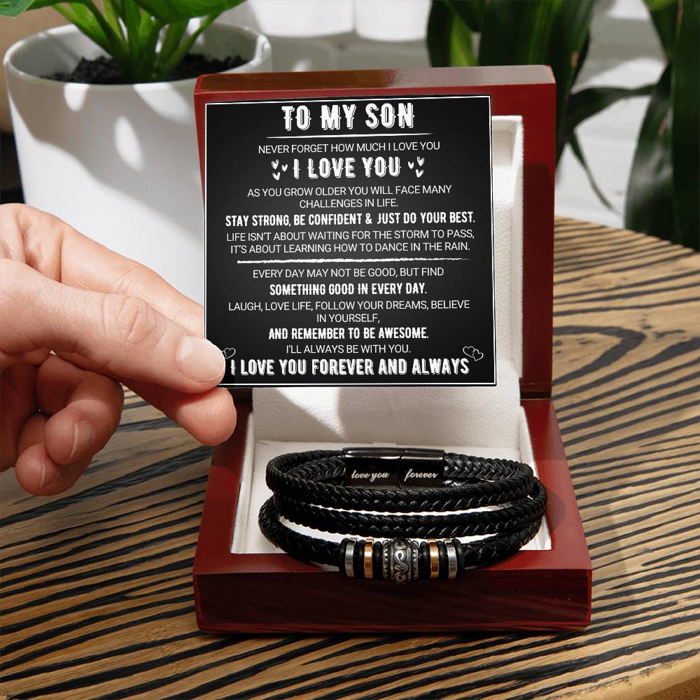 To My Son - Love You Forever Bracelet | Braided Leather with Magnetic Clasp & LED Light Gift Box from Mom & Dad