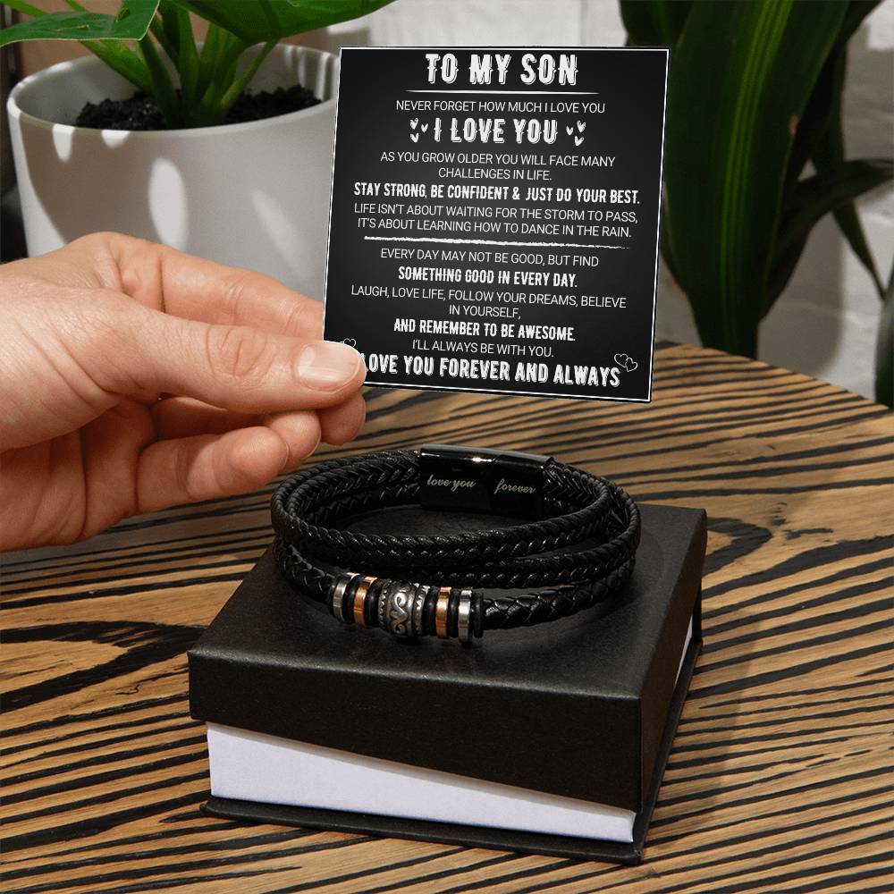 To My Son - Love You Forever Bracelet | Braided Leather with Magnetic Clasp & LED Light Gift Box from Mom & Dad