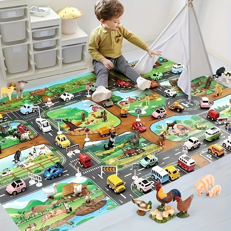 Children's Play Mat | Dual-Sided Farm & Traffic Theme, Soft Polyester for Imaginative Play and Learning
