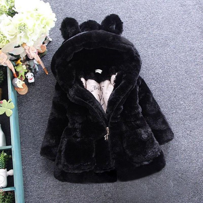 Children Faux Fur Fluffy Coat Black White Colors Jacket Hood