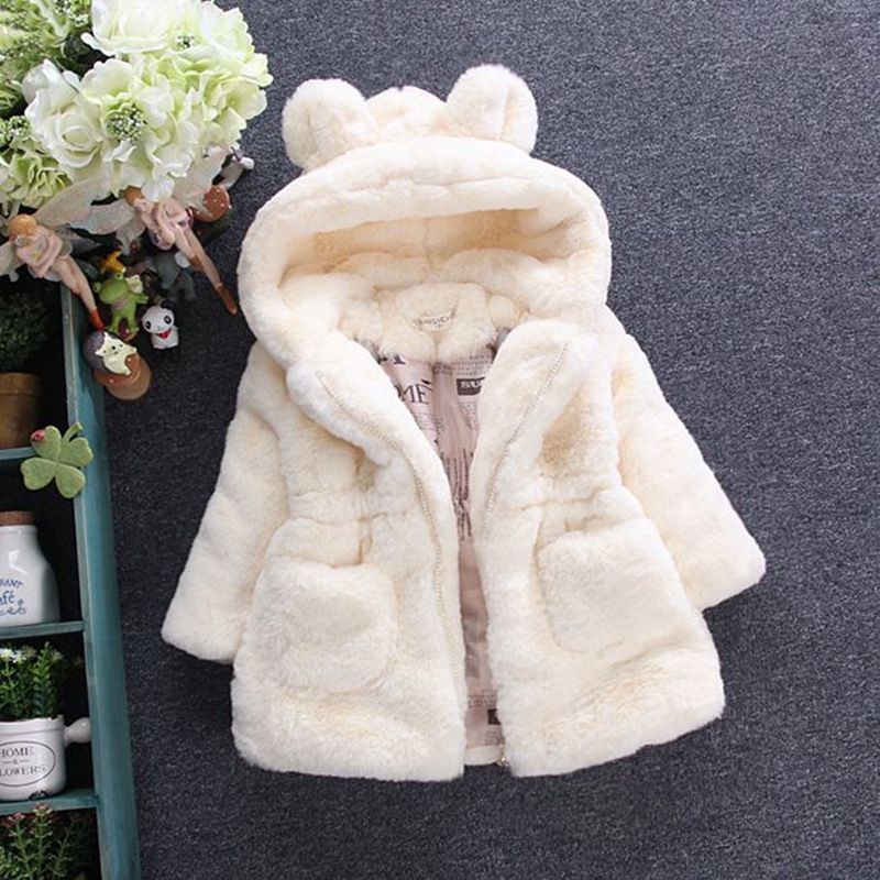 Children Faux Fur Fluffy Coat Black White Colors Jacket Hood