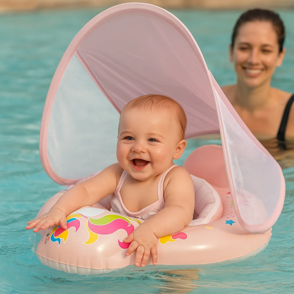Baby Swim Float with Sunshade Canopy | Safety Buckle, Quick-Drying & Ideal for Infants 3-36 Months
