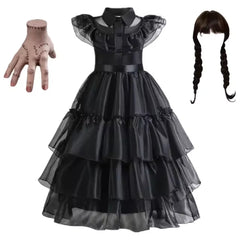 Childrens Addams Costume for Girls - Black Dress, Wig, and Gothic Accessories