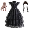 Image of Childrens Addams Costume for Girls - Black Dress, Wig, and Gothic Accessories