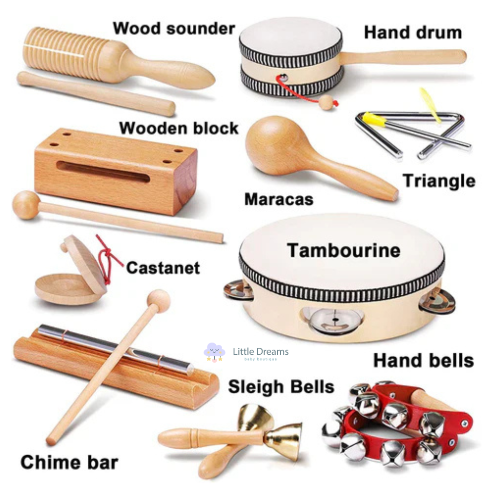 Wooden Musical Instruments Set for Kids | 10 Non-Toxic Infant Music Toys Instruments to Boost Rhythm & Creativity for Ages 3+
