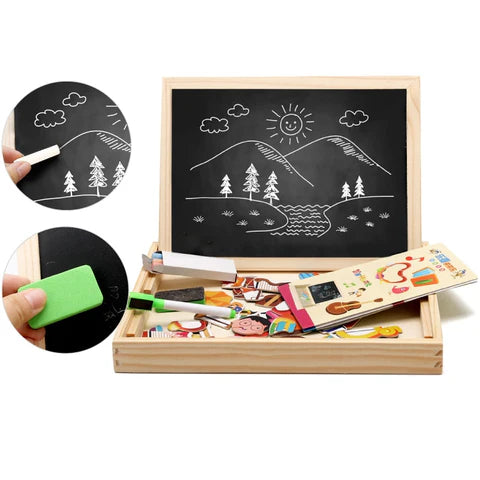 2-in-1 Wooden Drawing Board for Children | Magnetic Whiteboard & Chalkboard | Portable Educational Toy for Creative Play