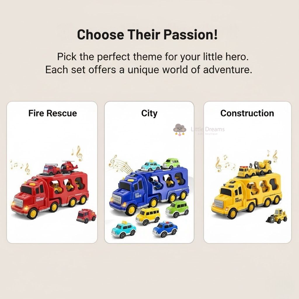 Toy Truck Set with Lights and Sounds | Interactive, Space-Saving Playset for Kids Aged 3+