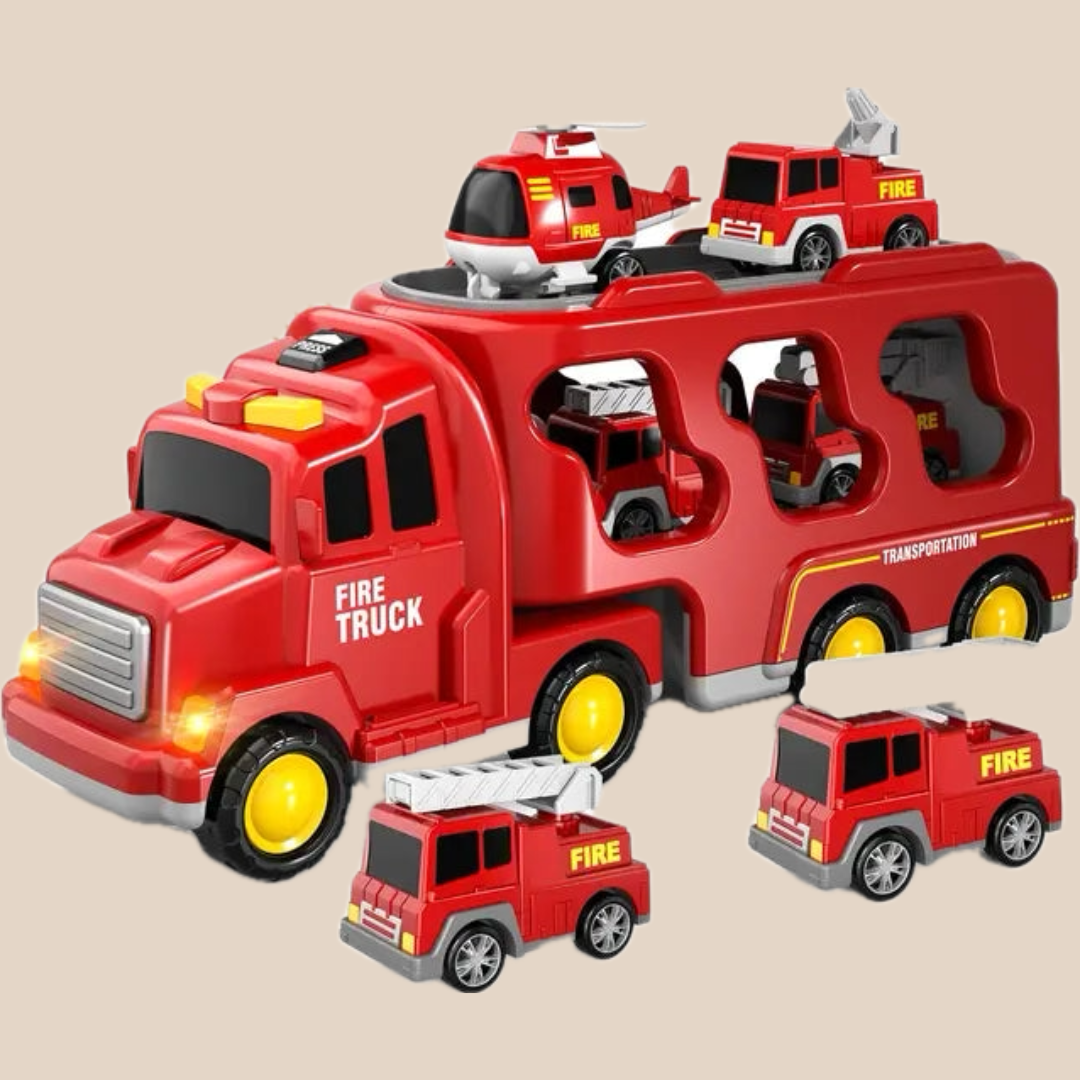 Double-Layer Truck Playset | Fire & Construction Vehicle with Mini Vehicles and Music Function for Kids Aged 3+
