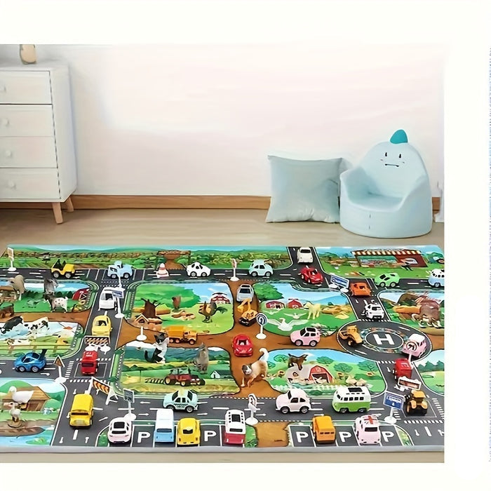 Children's Play Mat | Dual-Sided Farm & Traffic Theme, Soft Polyester for Imaginative Play and Learning