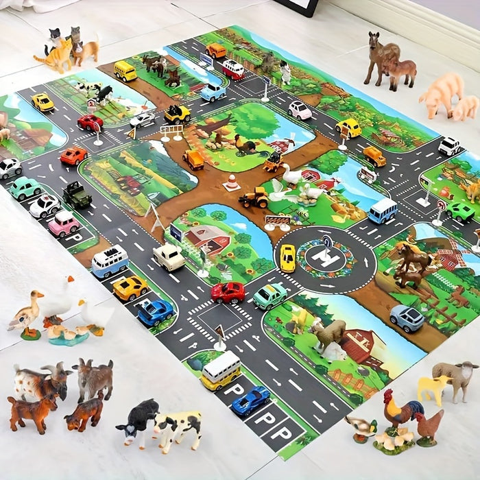 Children's Play Mat | Dual-Sided Farm & Traffic Theme, Soft Polyester for Imaginative Play and Learning