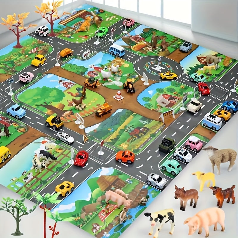 Children's Play Mat | Dual-Sided Farm & Traffic Theme, Soft Polyester for Imaginative Play and Learning