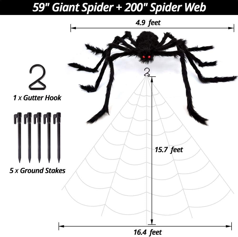 Giant Halloween Spider Web with Fake Spider | 200" Triangular Web & 59" Scary Spider for Indoor Outdoor Decorations