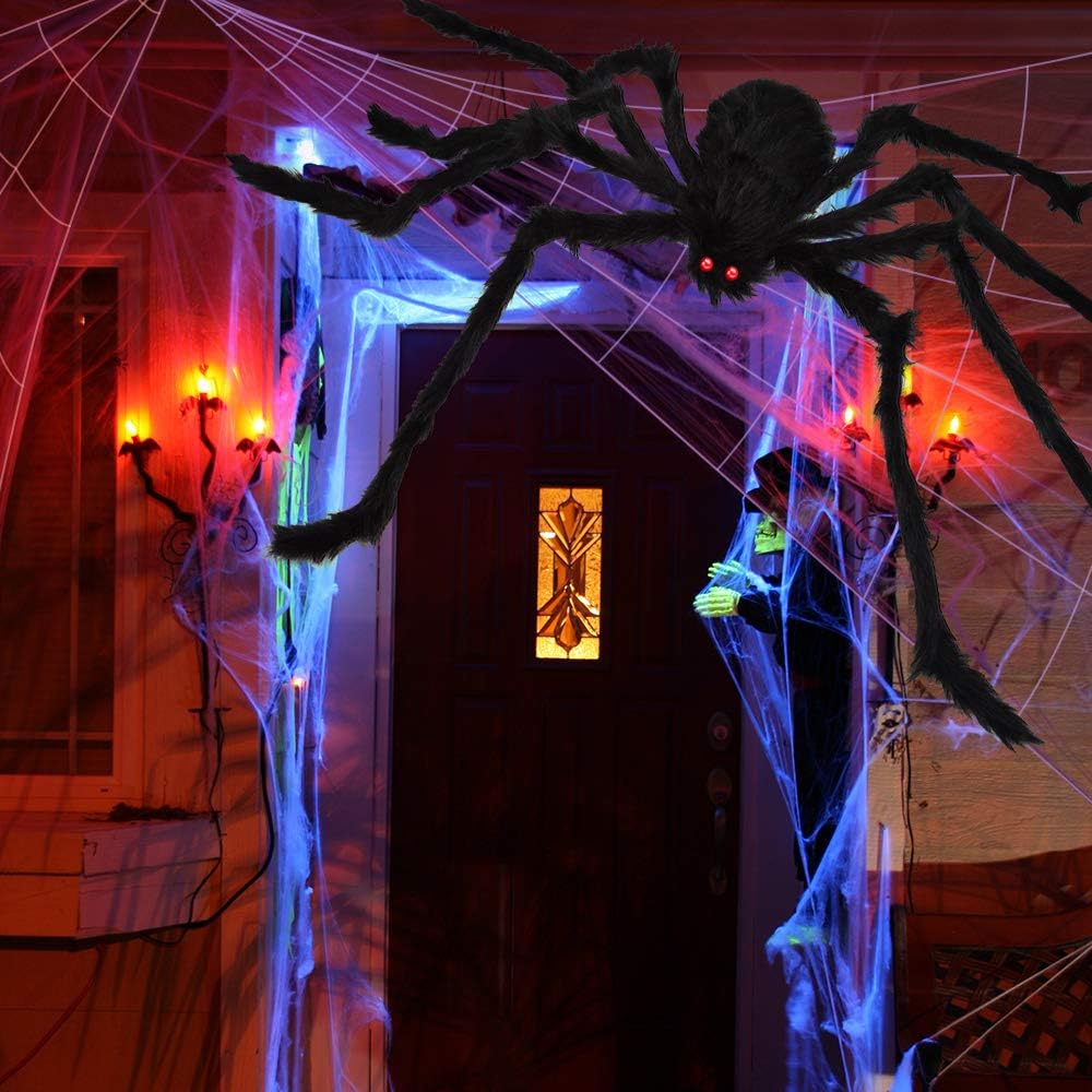 Giant Halloween Spider Web with Fake Spider | 200" Triangular Web & 59" Scary Spider for Indoor Outdoor Decorations