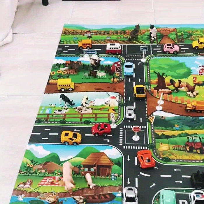 Children's Play Mat | Dual-Sided Farm & Traffic Theme, Soft Polyester for Imaginative Play and Learning