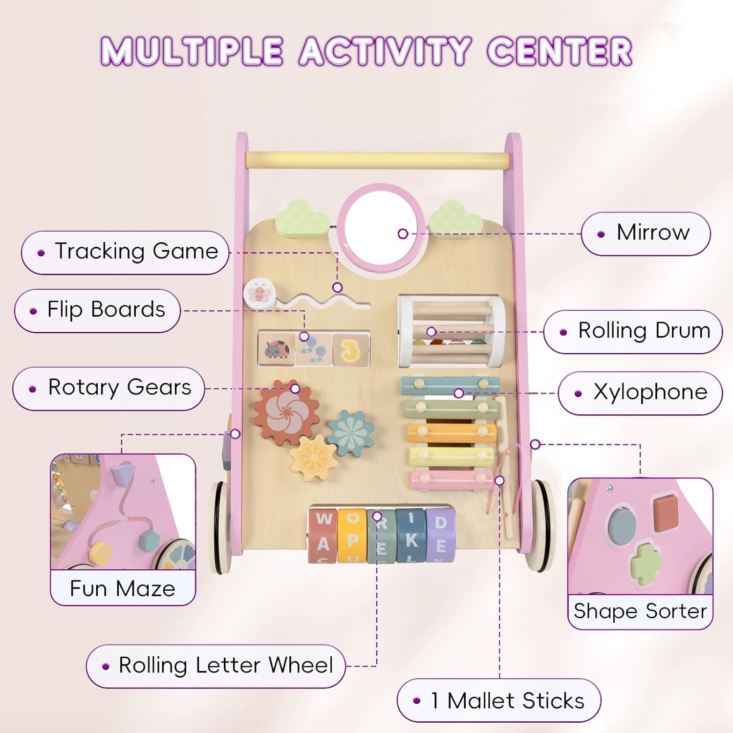 Wooden Baby Walker | 10-in-1 Activity Center with Adjustable Speed & Storage for Toddlers' First Steps and Motor Skill Development