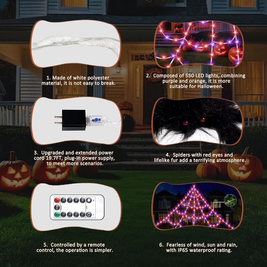 16.4 FT Giant Halloween Spider Web Lights | 550 LED, Waterproof & 8 Lighting Modes for Outdoor Yard Decorations