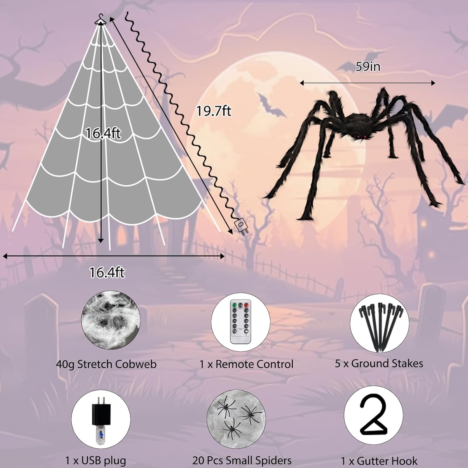 16.4 FT Giant Halloween Spider Web Lights | 550 LED, Waterproof & 8 Lighting Modes for Outdoor Yard Decorations