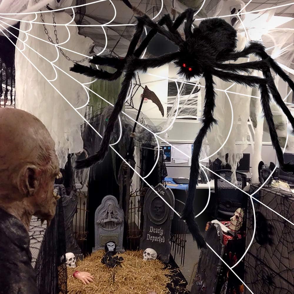 Giant Halloween Spider Web with Fake Spider | 200" Triangular Web & 59" Scary Spider for Indoor Outdoor Decorations
