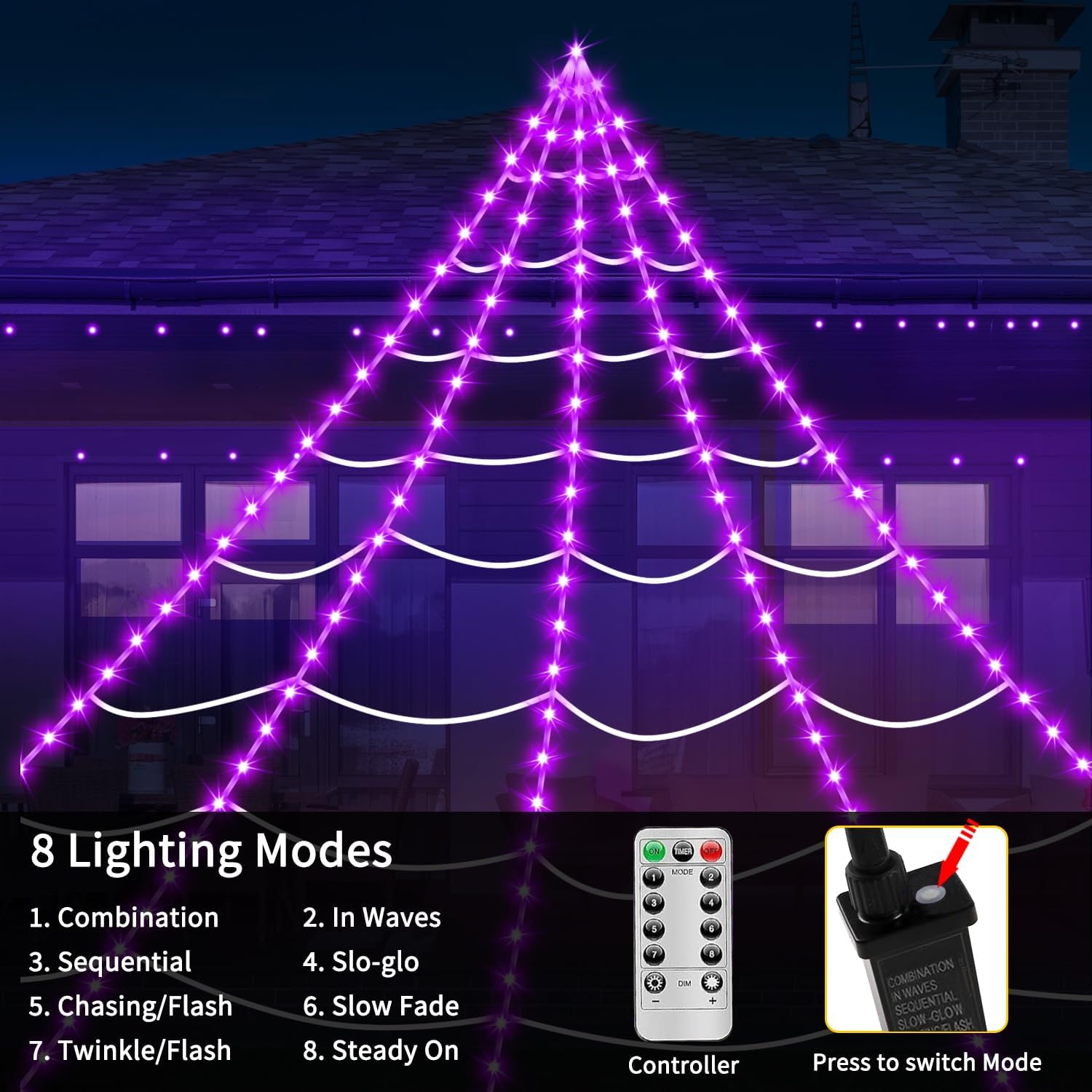 Halloween Spider Web Lights | 23FT with 350 LED, 6.6FT Giant Spider & 8 Modes for Outdoor Haunted House Decor