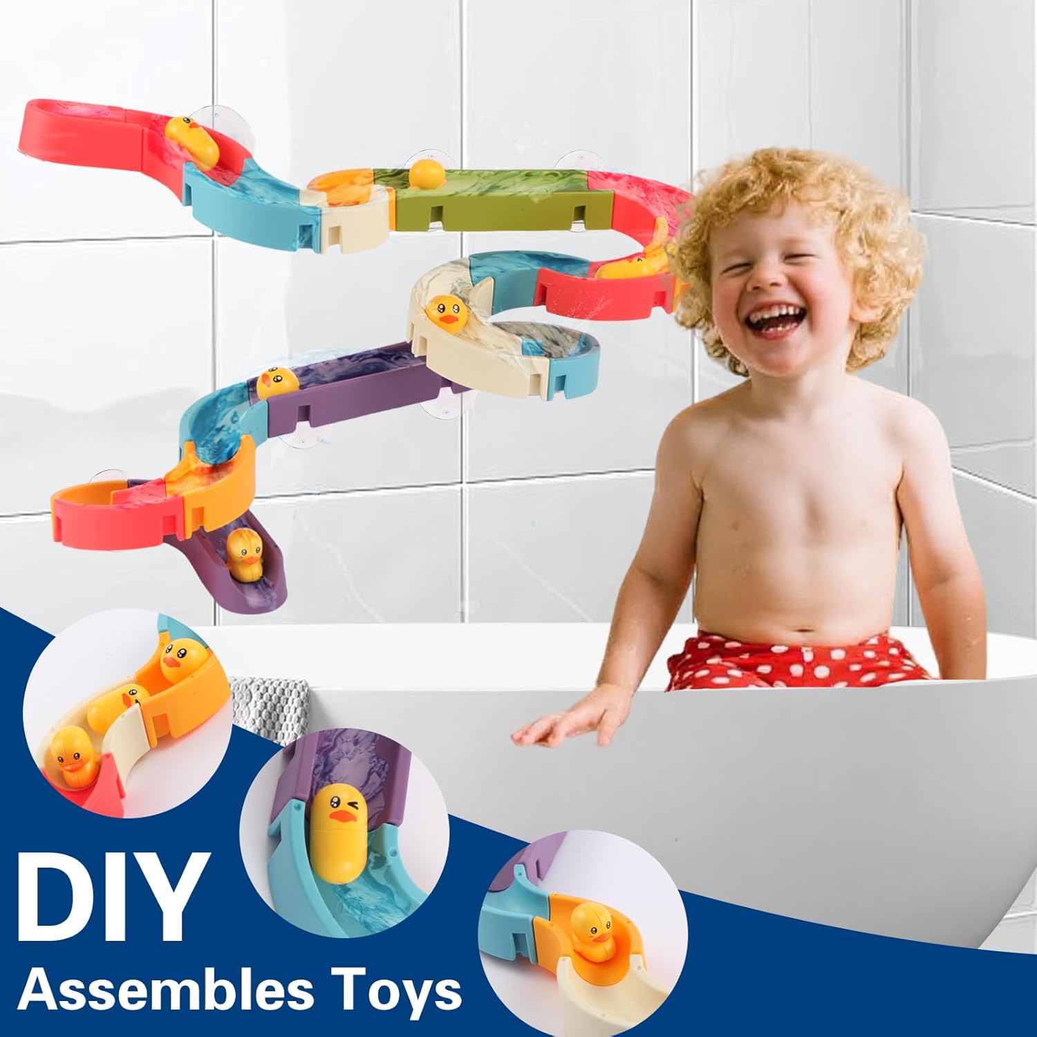 Sensory Bath Toy for Toddlers – Duck Slide Water Track with Moving Ducks for Fun Cause-and-Effect Play