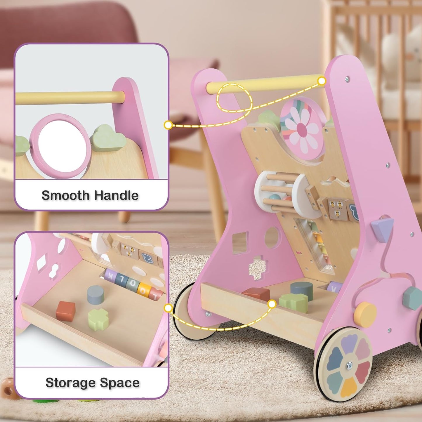 Wooden Baby Walker | 10-in-1 Activity Center with Adjustable Speed & Storage for Toddlers' First Steps and Motor Skill Development