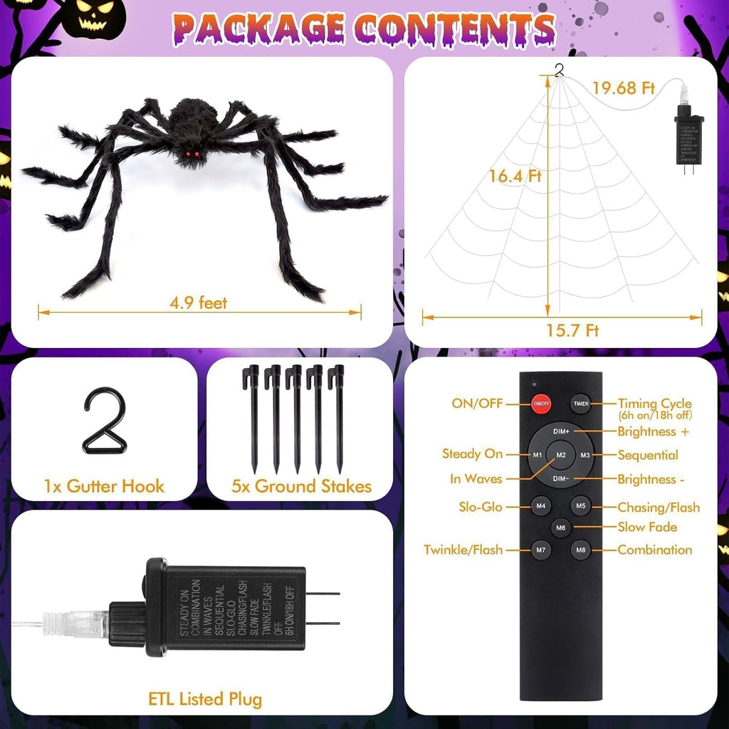 Giant Halloween Spider Web with Fake Spider | 200" Triangular Web & 59" Scary Spider for Indoor Outdoor Decorations