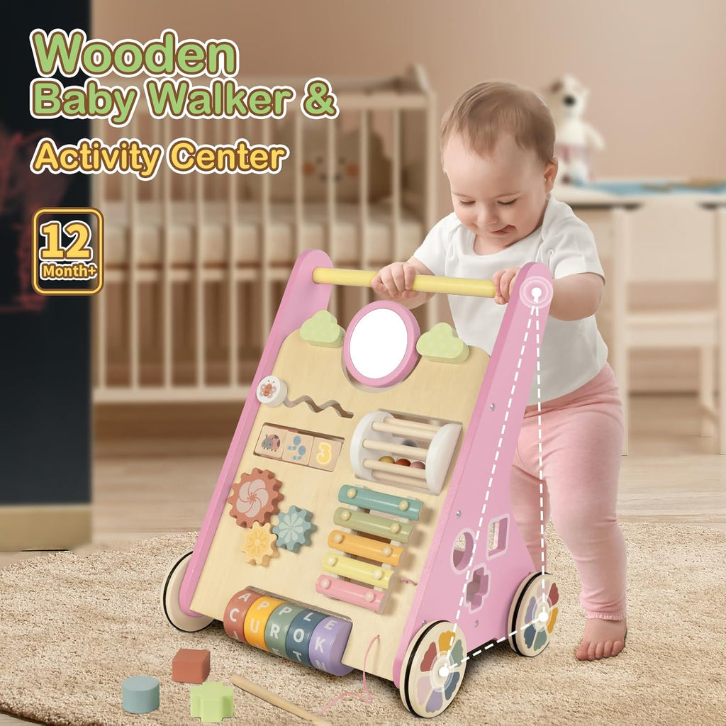 Wooden Baby Walker | 10-in-1 Activity Center with Adjustable Speed & Storage for Toddlers' First Steps and Motor Skill Development