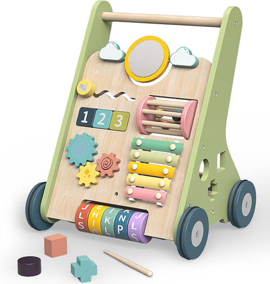 Wooden Baby Walker | 10-in-1 Activity Center with Adjustable Speed & Storage for Toddlers' First Steps and Motor Skill Development