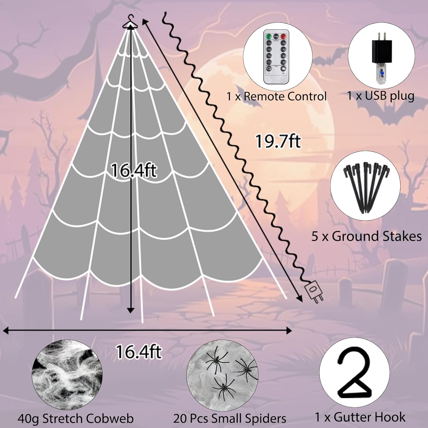 16.4 FT Giant Halloween Spider Web Lights | 550 LED, Waterproof & 8 Lighting Modes for Outdoor Yard Decorations