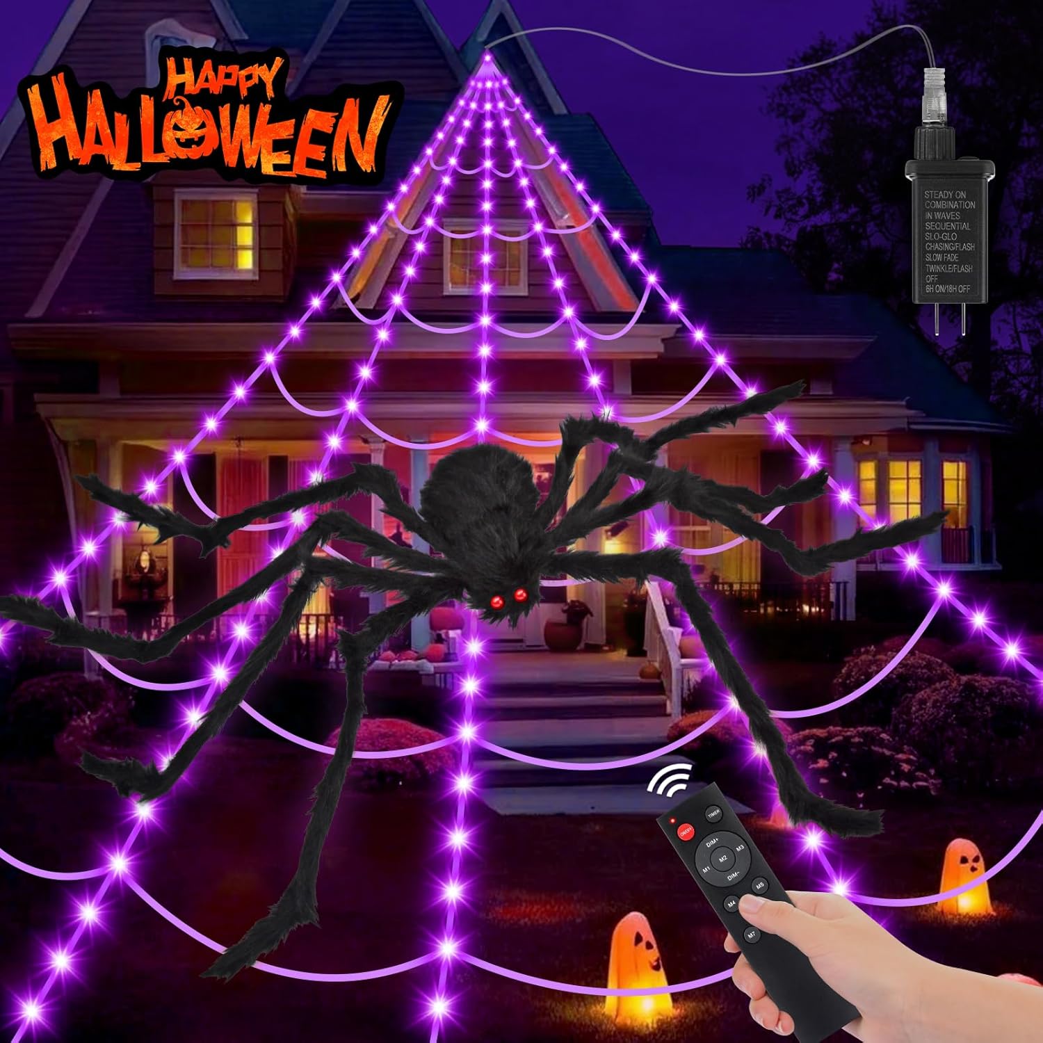 Giant Halloween Spider Web with Fake Spider | 200" Triangular Web & 59" Scary Spider for Indoor Outdoor Decorations