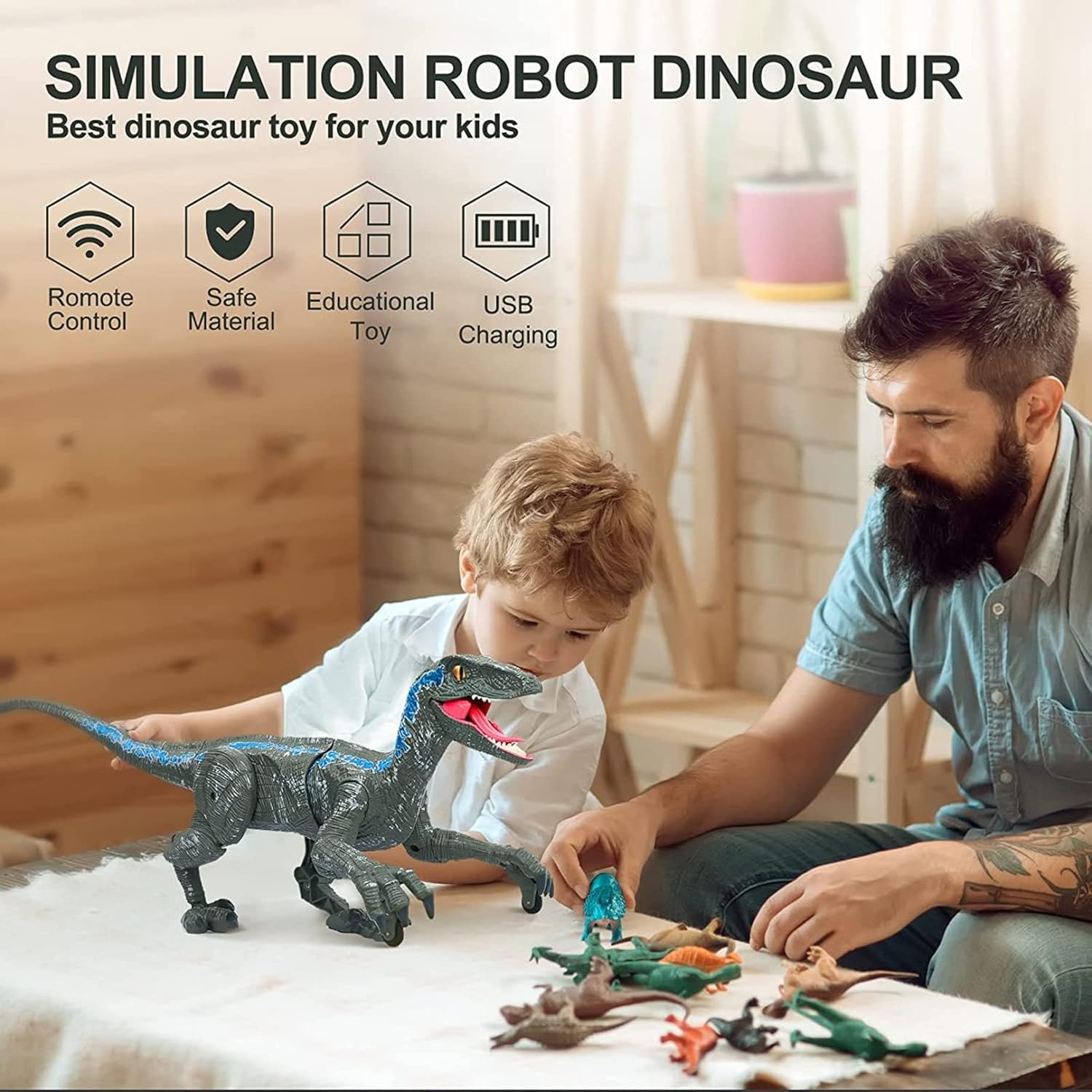 Remote Control Dinosaur Robot – Lifelike Velociraptor Toy with Sound, Lights & Realistic Movements