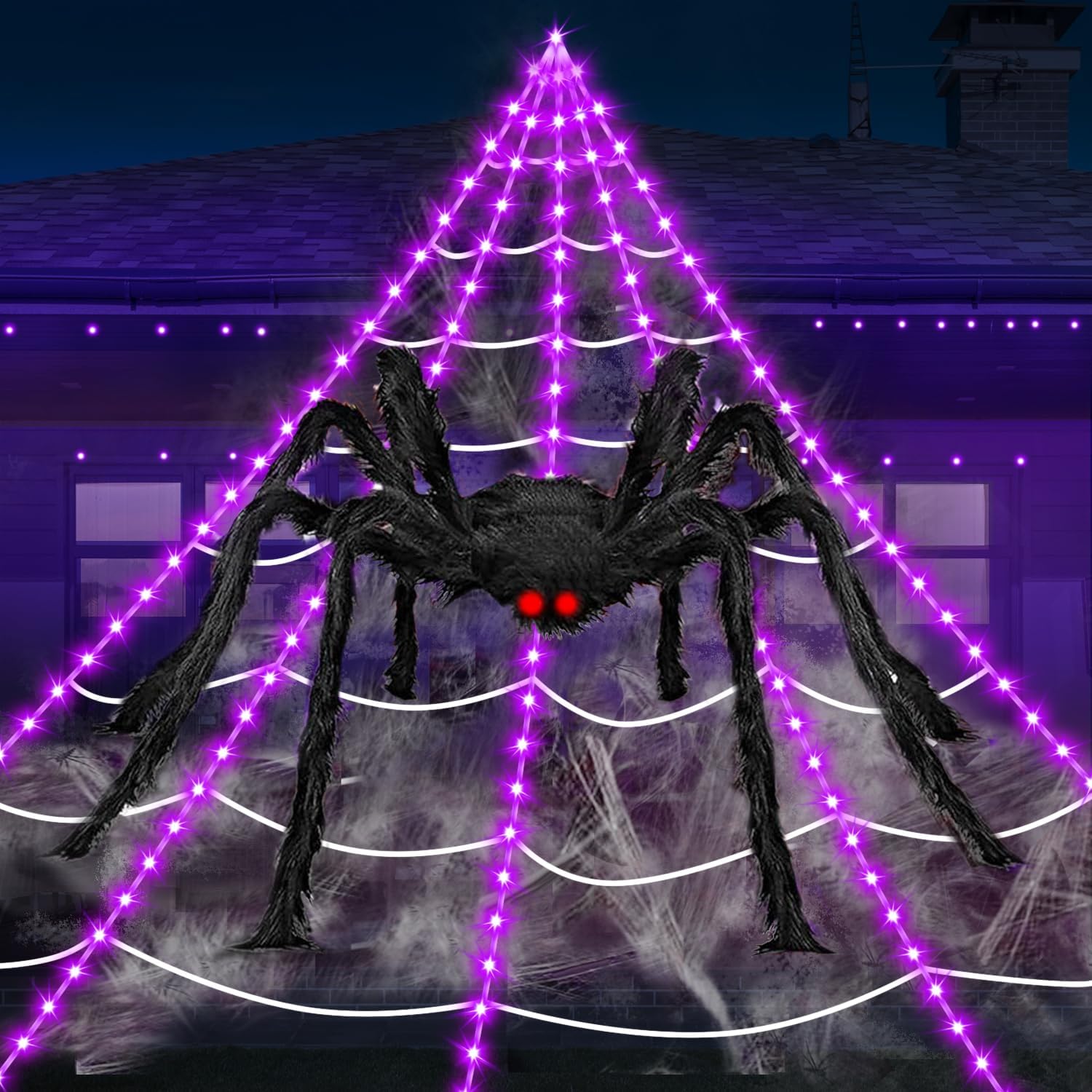 Halloween Spider Web Lights | 23FT with 350 LED, 6.6FT Giant Spider & 8 Modes for Outdoor Haunted House Decor