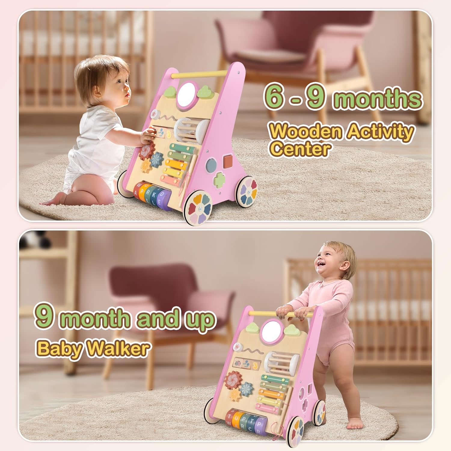Wooden Baby Walker | 10-in-1 Activity Center with Adjustable Speed & Storage for Toddlers' First Steps and Motor Skill Development