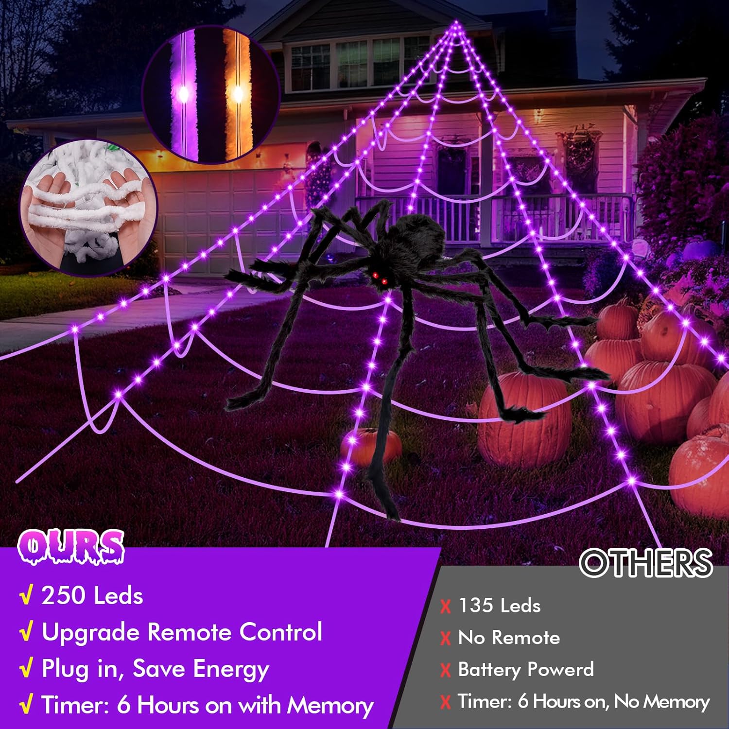 Giant Halloween Spider Web with Fake Spider | 200" Triangular Web & 59" Scary Spider for Indoor Outdoor Decorations
