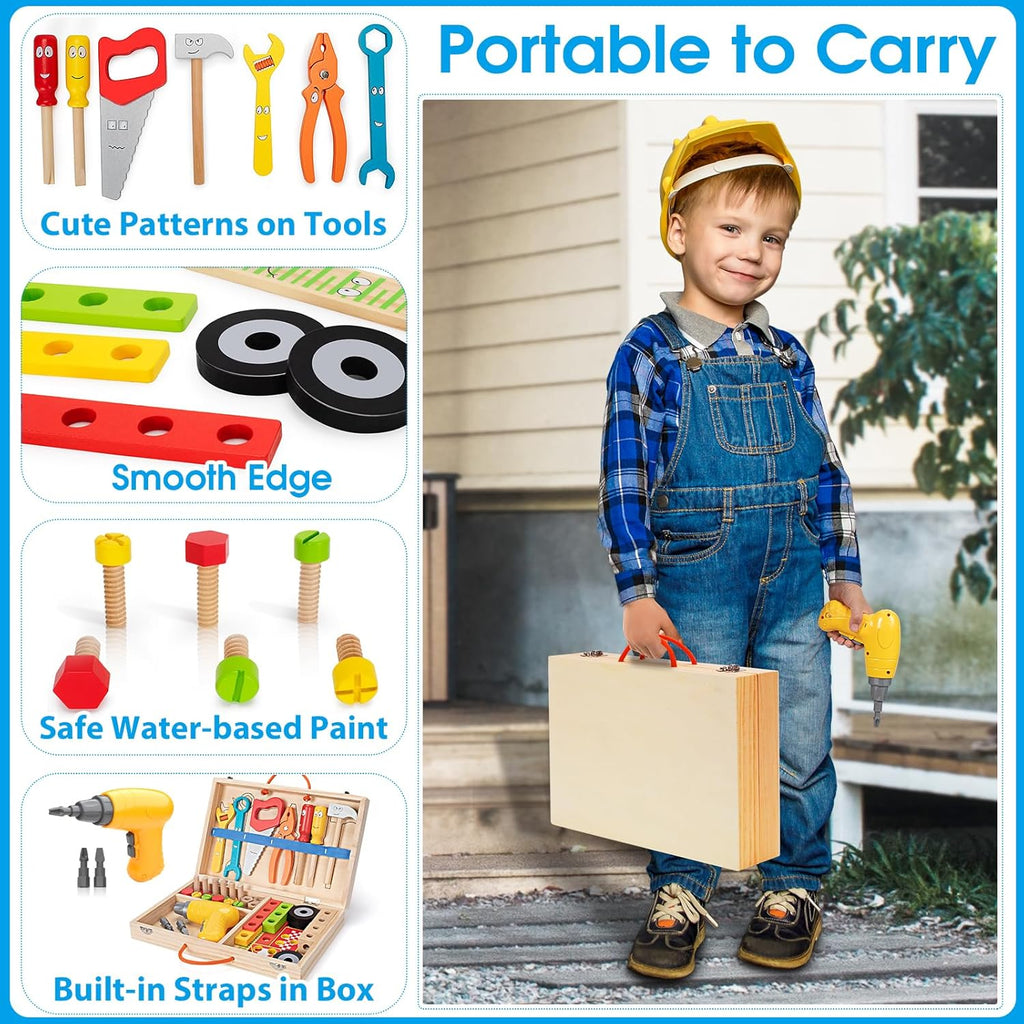 Kids Educational Wooden Tool Set – Children’s Toy Tool Station & Toolbox for Creative Building Play